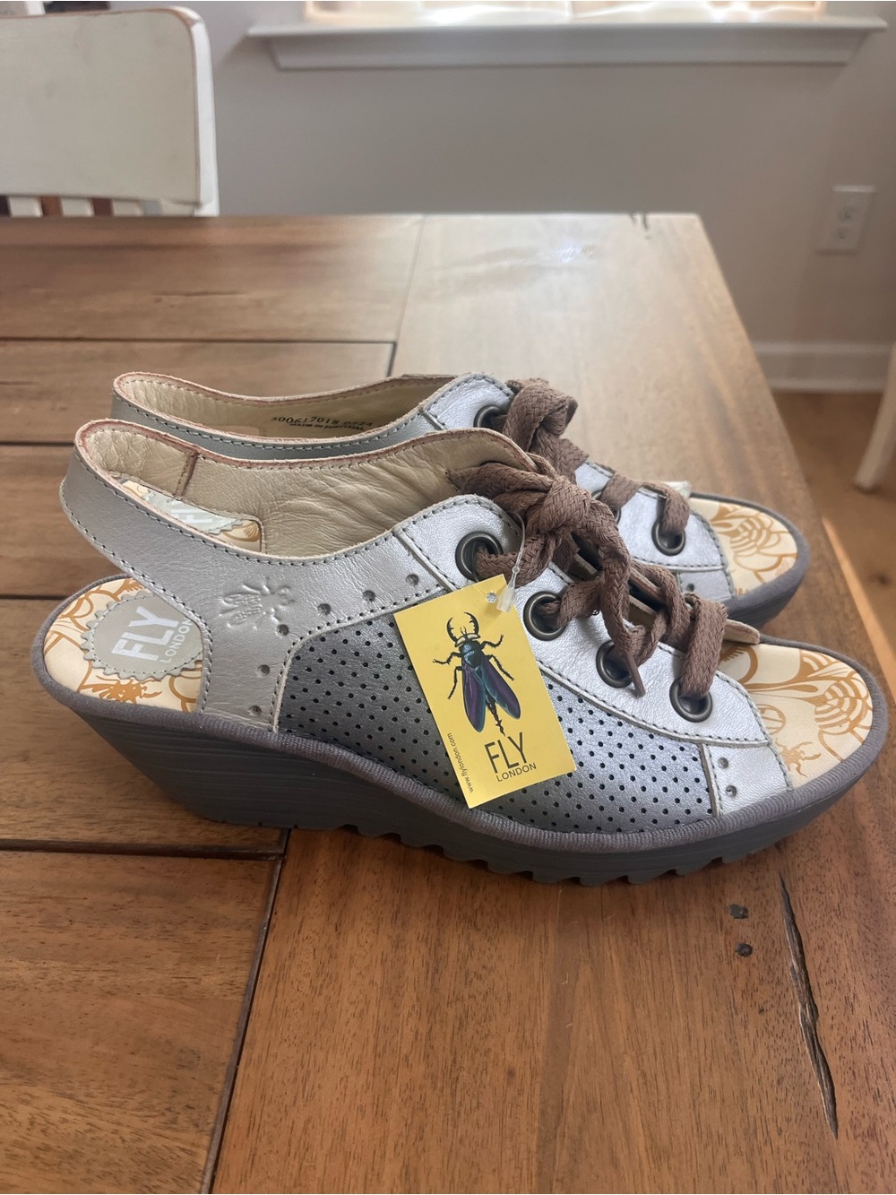 FLY London Women’s Gray Perforated Wedge Sandals; EU Size 41/US 10  NWT!